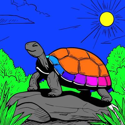 Colored version: Cheerful turtle on a rock
