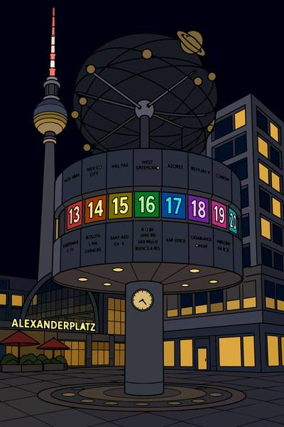 Ausgemalte Version: Weltzeituhr und Fernsehturm am Alexanderplatz in Berlin