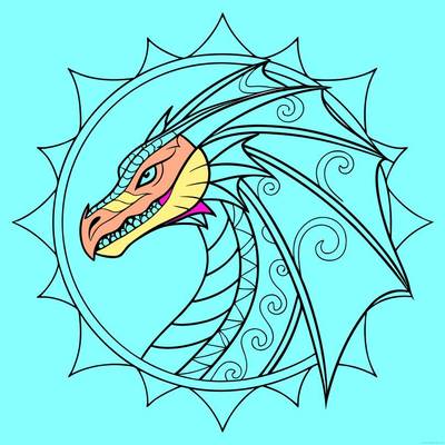 Ausgemalte Version: Porträt eines geflügelten Drachen-Mandalas