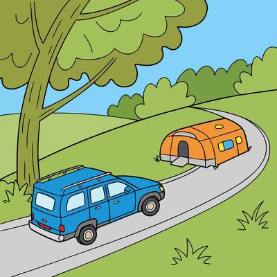 Farvelagt version: SUV trækker campingvogn til campingplads