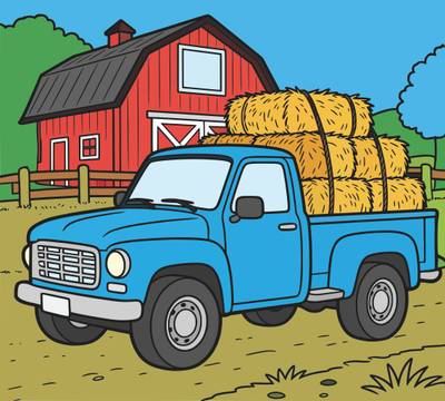 Farvelagt version: Pickup med høballer på gården