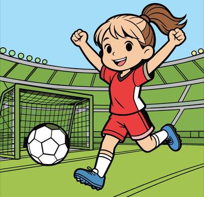 Ausgemalte Version: Mädchen jubelt über ein Fußballtor