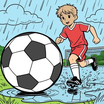 Ausgemalte Version: Fußballspieler im Regen mit großem Ball