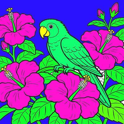 Väritetty versio: Papukaija hibiskuskukkien keskellä
