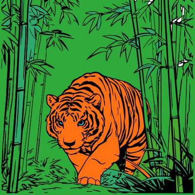 Colored version: Tiger in bamboo forest
