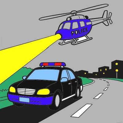 Versão colorida: Helicóptero e carro da polícia à noite