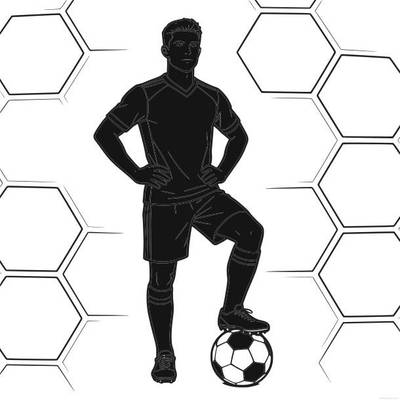 Ausgemalte Version: Fußballspieler in Heldenpose mit Ball