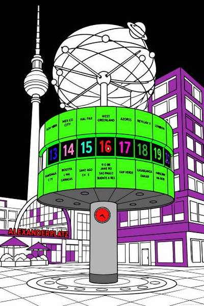Ausgemalte Version: Weltzeituhr und Fernsehturm am Alexanderplatz in Berlin