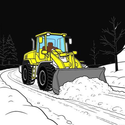 Färglagd version: Hjullastare som röjer snö på väg