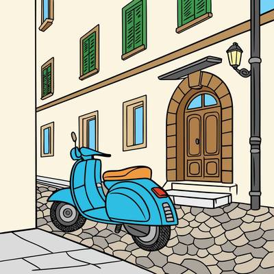 Farvelagt version: Veteranscooter på brostensgade