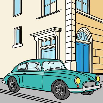 Farvelagt version: Veteran-coupé ved gammel bygning