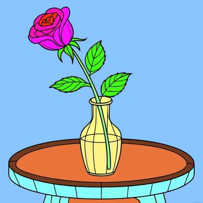 Version coloriée : Rose penchée dans un vase en verre