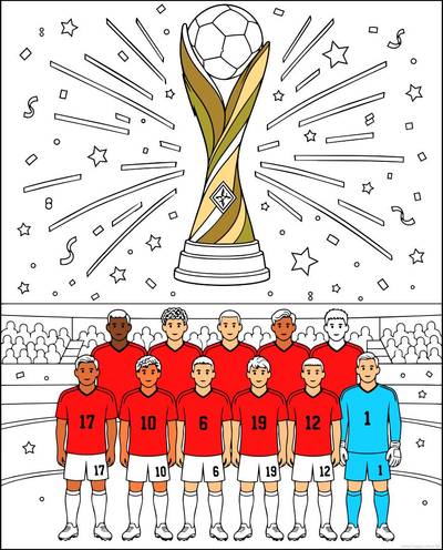 Ausgemalte Version: Fußball WM Mannschaft mit großem Pokal