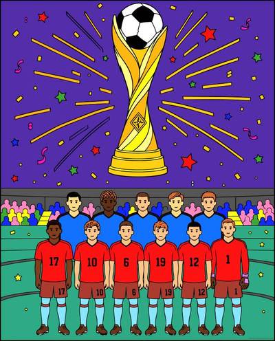 Version coloriée : Équipe de football avec trophée
