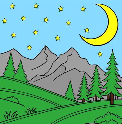 Ausgemalte Version: Bergnacht mit Tannen und Sternenhimmel