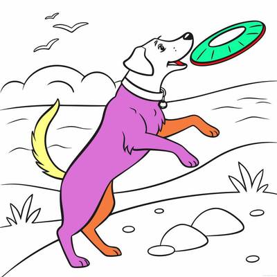 Colored version: Detailed beach dog with frisbee