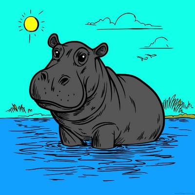 Ausgemalte Version: Nilpferd im Wasser