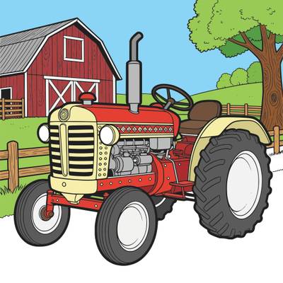 Ausgemalte Version: Detaillierter Oldtimer-Traktor an der Scheune