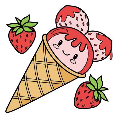 Version coloriée : Cornet de glace à la fraise et fraises