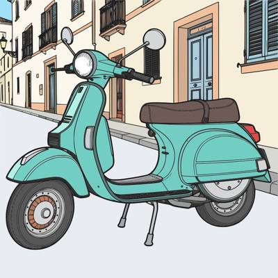 Colored version: Close-up vintage scooter street scene