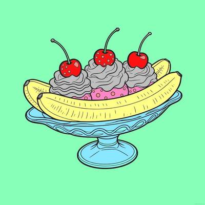 Ausgemalte Version: Detailliertes Bananensplit mit Kirschen