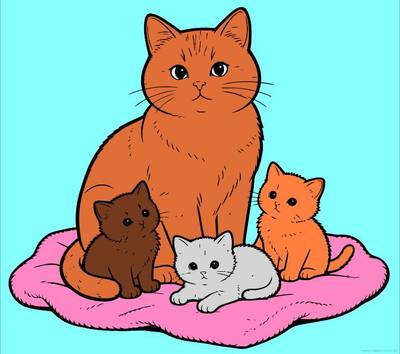 Ausgemalte Version: Katzenmutter mit drei Kätzchen auf einer Decke