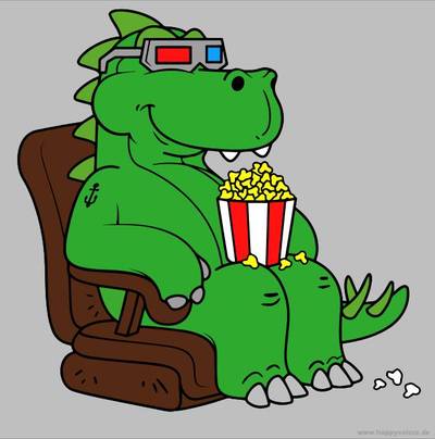 Ausgemalte Version: Dino mit Popkorn