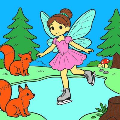 Colored version: Ice fairy skating with squirrels