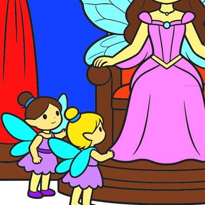 Colored version: Fairy queen on a throne with attendants