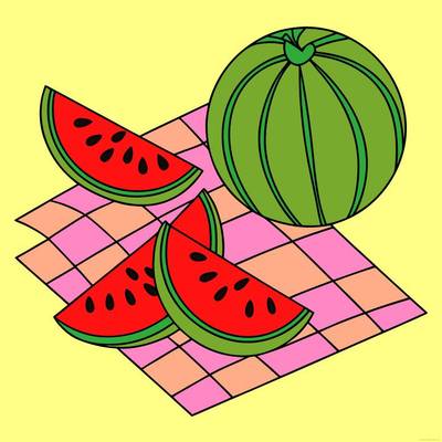 Ausgemalte Version: Wassermelonenscheiben auf Picknickdecke