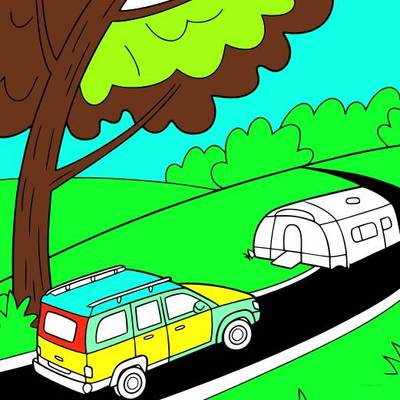 Ausgemalte Version: SUV mit Wohnwagen auf dem Weg zum Campingplatz