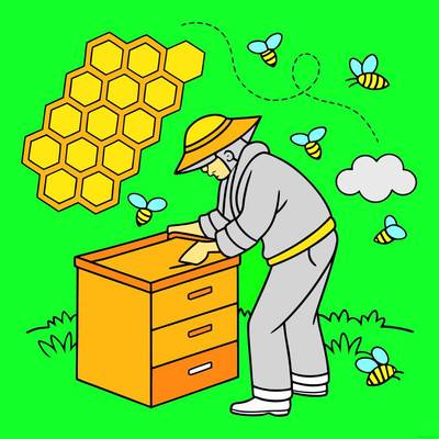 Ausgemalte Version: Imker mit Bienen und Bienenwabe