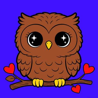 Version coloriée : Chouette kawaii sur une branche en cœur