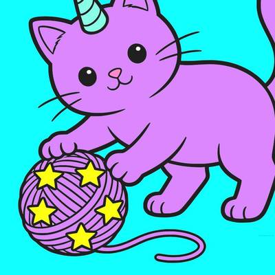 Colored version: Cute caticorn with a starry yarn ball