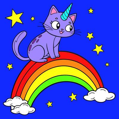 Colored version: Cartoon caticorn on rainbow clouds