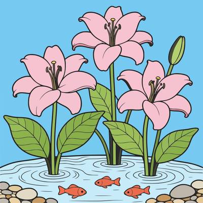 Version coloriée : Lys élégants dans un bassin à poissons