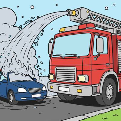 Colored version: Close-up fire truck dousing burning car