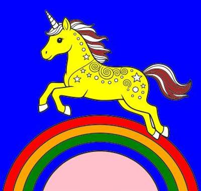Version coloriée : Licorne décorée sautant sur un arc-en-ciel