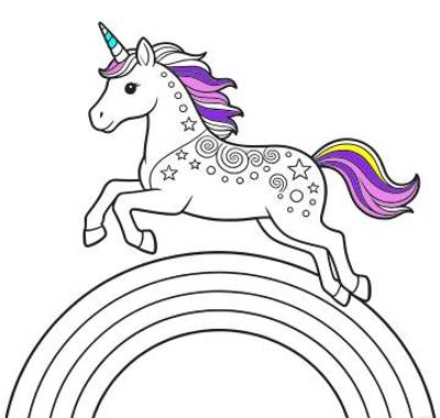 Version coloriée : Licorne décorée sautant sur un arc-en-ciel