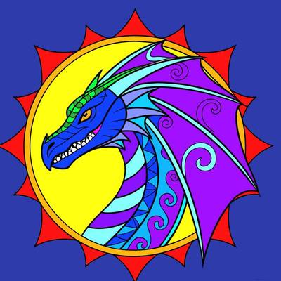 Version coloriée : Portrait de dragon ailé en mandala