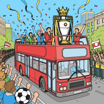 Version coloriée : Équipe de football en parade sur un bus
