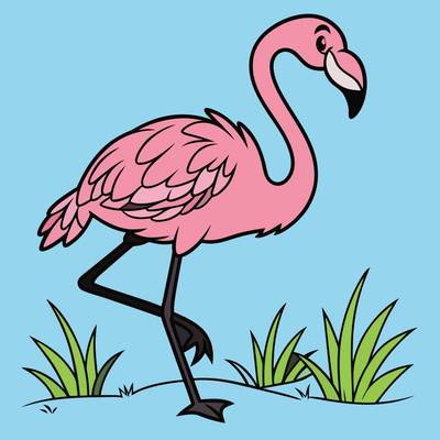 Ausgemalte Version: Flamingo im Gras als Ausmalbild
