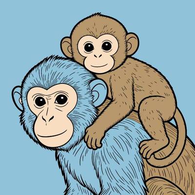Colored version: Detailed monkey mother and baby