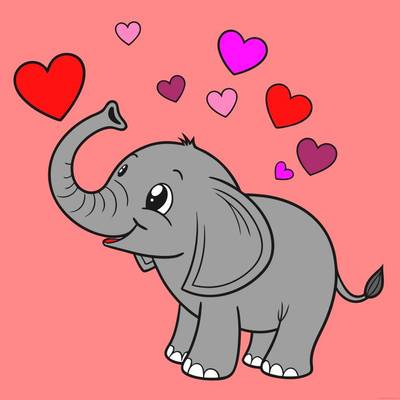 Colored version: Cute elephant with floating hearts
