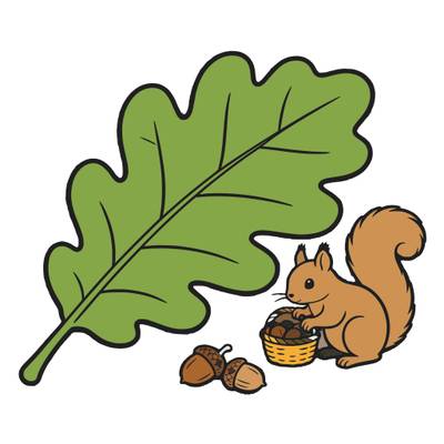 Ausgemalte Version: Eichhörnchen mit Eichenblatt und Eicheln