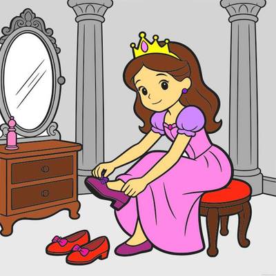 Colored version: Cute princess trying on shoes
