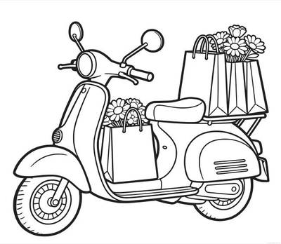 Ausgemalte Version: Retro-Roller mit Einkaufstüten voller Blumen