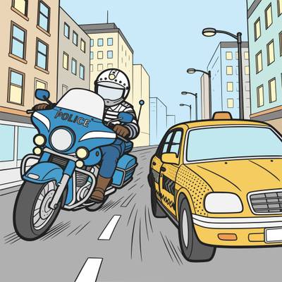 Ausgemalte Version: Polizeimotorrad verfolgt ein Auto