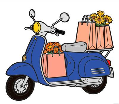 Ausgemalte Version: Retro-Roller mit Einkaufstüten voller Blumen