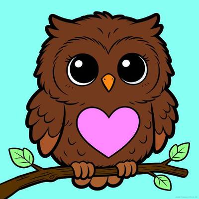 Ausgemalte Version: Kawaii-Eule auf einem Ast